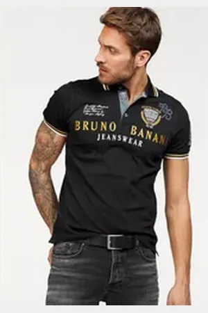 Bruno Banani Poloshirt körpernahe Passform, mit Stickereien und Badges, Polokragen schwarz 4XL (68/70)