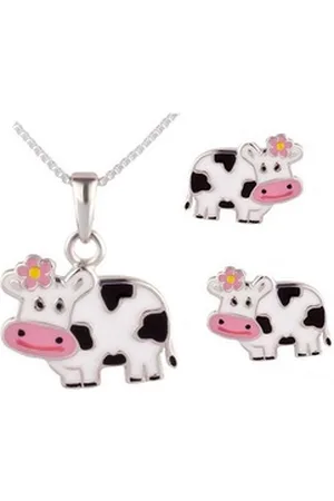 schmuck23 Paar Ohrstecker Kinder Ohrringe Anhänger Kette Kuh 925 Silber Mädchen Schmuckset (Set, Anhänger mit Halskette und Ohrringen), Mädchen Kinderschmuck echte Silberohrringe bunt|silberfarben