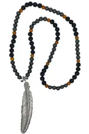 Aaron Bane Perlenkette Lava Perlenkette mit Holzbeads Damen Herren Feder Anhänger Hand Made grün