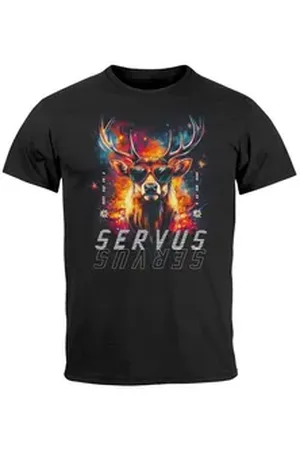 Neverless Print-Shirt Herren T-Shirt Servus Hirsch Trachtenshirt Modern Techno Style mit Print bunt|schwarz 4XL