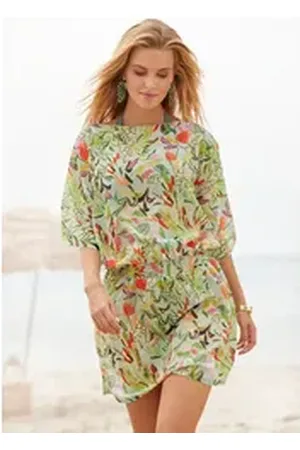 QS by s.Oliver Tunika mit Blätterdruck, Strandmode, modisches Sommerkleid grün 32/34