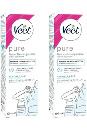 Veet Enthaarungscreme PURE (2 x 100ml), Spar-Pack, 2 St., für Bikini & Achseln, mit gewölbtem Applikator und Spatel