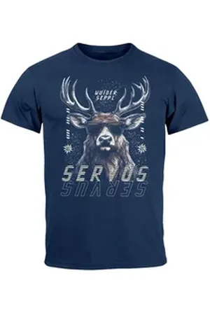 Neverless Print-Shirt Herren T-Shirt Servus Hirsch Trachtenshirt Modern Techno Style mit Print blau 4XL