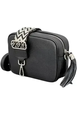 Adel Bags Schultertasche QUASTE Umhängetasche für Damen, Schultertasche, Crossbody Bag, aus echtem Leder, Hergestellt in Italien, mit gemustertem Gürtel schwarz