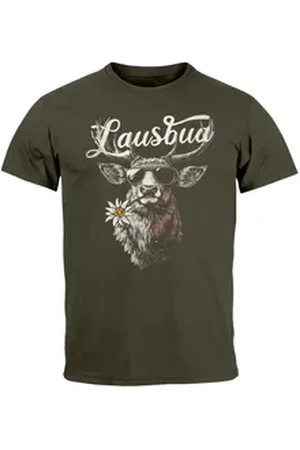 Neverless Print-Shirt Herren T-Shirt Trachtenshirt Hisch Alpen Edelweiß Schriftzug Lausbua mit Print grün XL