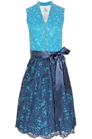 Bergweiss Trachten Dirndl für Damen "Mariella" 51158 - Türkis Dunkelblau 65cm, Hochgeschlossen mit Spitzenschürze 42