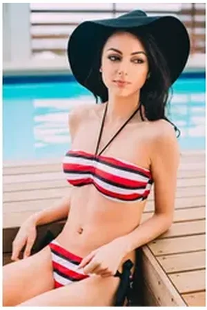 AvaMia Bandeau-Bikini Bikini Set Bikinitop Metallklip Bikinihose Low Schnürbindung Streifen (Bikinitop und Bikinihose) Streifenmuster rot M