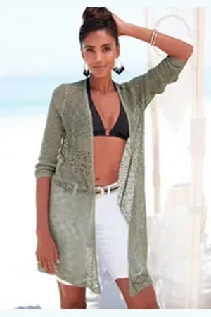 QS by s.Oliver Strickjacke mit Ajourmuster, Häkeloptik, Strandmode grün 32/34
