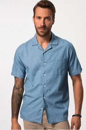 JP 1880 Kurzarmhemd Hemd Halbarm Jeans-Look Cuba-Kragen Cuba-Fit blau XXL