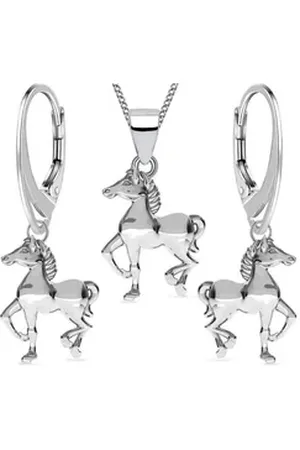 Goldene Hufeisen Schmuckset Pferde Set Anhänger 40cm Kette Brisur Ohrringe 925 Silber Mädchen (4-tlg, inkl. Etui), Mädchen Geschenkset