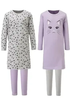 Erwin Müller Schlafanzug Kinder-Nachthemd mit Leggings 2er-Pack Single-Jersey gemustert: 1x Nachthemd grau|lila 122/128