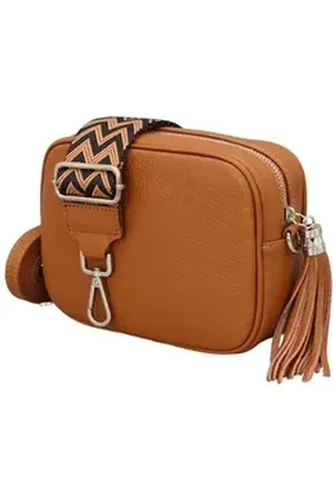 Adel Bags Schultertasche QUASTE Umhängetasche für Damen, Schultertasche, Crossbody Bag, aus echtem Leder, Hergestellt in Italien, mit gemustertem Gürtel braun