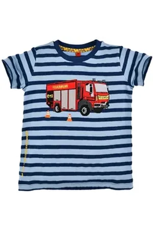 BONDI T-Shirt Kurzarm Print Shirt "Feuerwehrauto" für Jungen 33122, Blau geringelt - Kindermode Motiv Feuerwehrmann 86