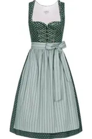 Nübler Dirndl Damen Dirndl midi im Landhausstil, Rocklänge 70cm (Dirndl Set midi THEA, 2-tlg., Dirndl Kleid mit Schürze) Moderne Tracht im bayerischen Stil - Trachtenmode Damen grün 38