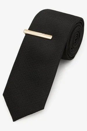Next Krawatte Schmale Krawatte aus Recyclingpolyester + Klammer (2-St) schwarz ONE