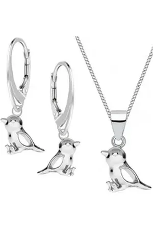 Goldene Hufeisen Schmuckset mini Spatz Ohrringe Anhänger 40cm Kette 925 Silber Mädchen Vogel Set (inkl. Etui), Mädchen Geschenkset