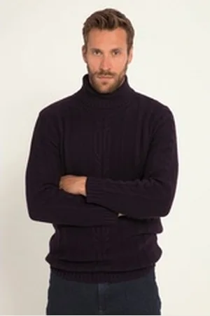 JP 1880 Rundhalspullover Rollkragenpullover Wollmix vorne Zopfmuster lila|schwarz 5XL