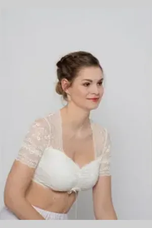 MY CHOICE Dirndlbluse Elegante Dirndl-Spitzenbluse mit Raffdetail – Champagner (1-teilig) mit Jersey blickdicht unterlegt 36