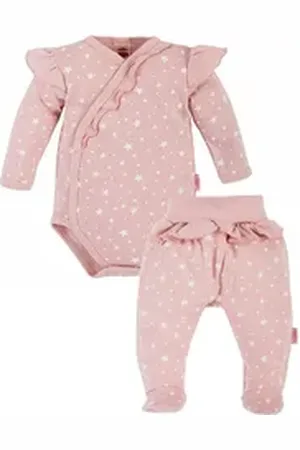 Makoma Body & Hose Baby Body Langarm Wickelbody & Hose mit Fuß Strampelhose Sterne (Set, 2-tlg) 100% Baumwolle rosa 68