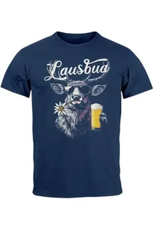 Neverless Print-Shirt Herren T-Shirt Trachtenshirt Hisch Bier-Glas Alpen Edelweiß mit Print blau XL