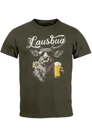 Neverless Print-Shirt Herren T-Shirt Trachtenshirt Hisch Bier-Glas Alpen Edelweiß mit Print grün XXL