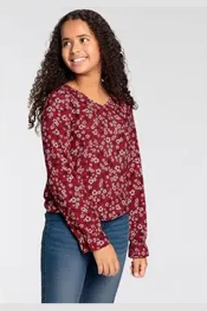 DELMAO Langarmshirt für Mädchen langärmlig, bequem geschnitten, unifarben, mit V-Ausschnitt rot 176/182