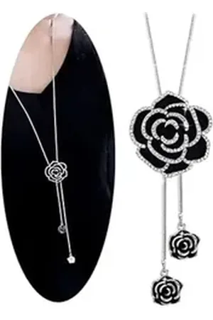 YouBella Schmuckset Lange Kette Halskette mit Rose Anhänger Für Frauen & Mädchen (Inhalt der Box: Halskette mit Anhänger x 1, Langlebige Ausführung, Geeignet für alle Anlässe), Versilbert, Modischer Kunstschmuck schwarz|silberfarben