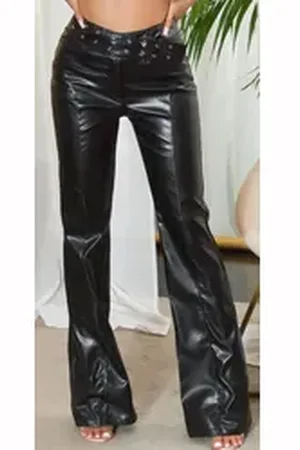 Koucla Treggings Damenhose Wetlook mit Schnalle, Lederoptik schwarz L (38/40)