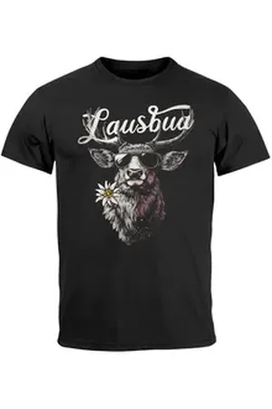 Neverless Print-Shirt Herren T-Shirt Trachtenshirt Hisch Alpen Edelweiß Schriftzug Lausbua mit Print schwarz 4XL