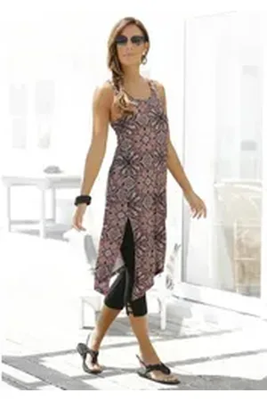 beachtime Longtop (Set, mit Leggings) mit Alloverprint und Schlitz, Sommerkleid, Strandkleid braun|schwarz 40/42