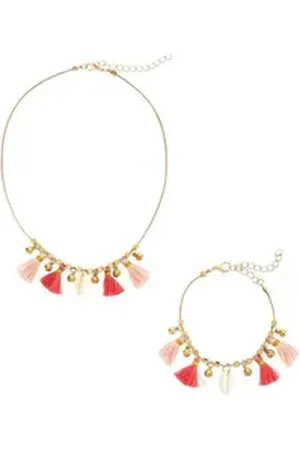 Lascana Ketten und Armband Set (2-tlg), Schmuck-Set, Kette und Armband mit Textiltroddeln goldfarben|rosa