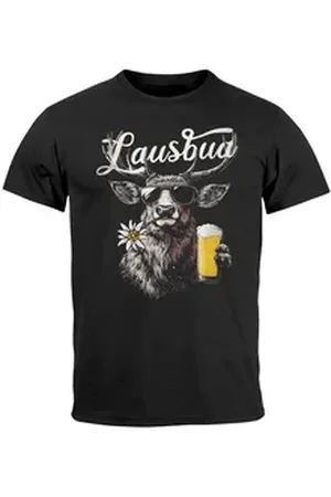 Neverless Print-Shirt Herren T-Shirt Trachtenshirt Hisch Bier-Glas Alpen Edelweiß mit Print schwarz M