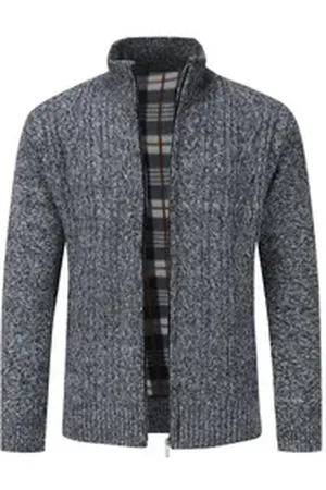 Allthemen Cardigan mit Stehkragen Herren warme Strickjacke grau L