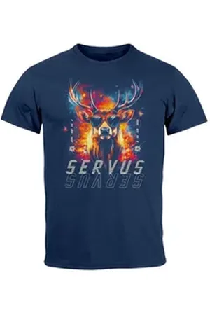 Neverless Print-Shirt Herren T-Shirt Servus Hirsch Trachtenshirt Modern Techno Style mit Print blau|bunt 4XL