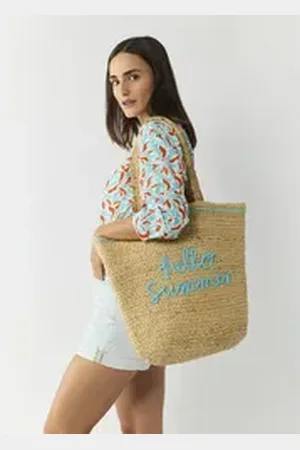 Codello Strandtasche, mit Slogan aus aufgenähten Pompon-Bändern beige|blau
