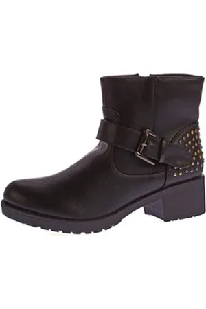 Scandi Leder Stiefeletten Block Abs Boots Knöchel Schuhe Stiefelette kalt gefüttert, verschiedenfarbige Nieten, Zierschnalle schwarz 36 EU