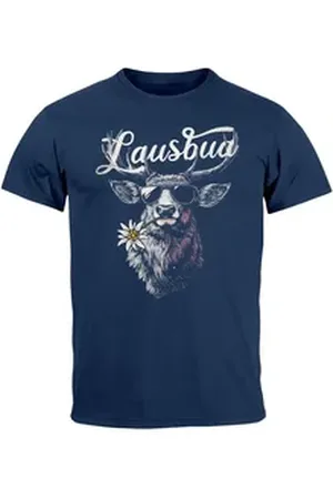 Neverless Print-Shirt Herren T-Shirt Trachtenshirt Hisch Alpen Edelweiß Schriftzug Lausbua mit Print blau 4XL