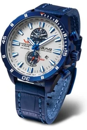 Vostok Quarzuhr YM8J-320D657, Almaz Space Station, Multifunktions-Herrenuhr, Chronograph, Lederarmband Blau