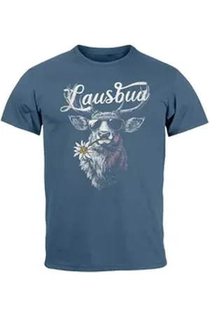 Neverless Print-Shirt Herren T-Shirt Trachtenshirt Hisch Alpen Edelweiß Schriftzug Lausbua mit Print blau 3XL