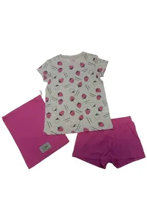 Losan Shorty Mädchen 3tlg. Shorty Pyjama kurz Erdbeeren hellgrau violett (3 tlg) grau 128