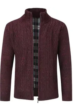 Allthemen Cardigan mit Stehkragen Herren warme Strickjacke rot L