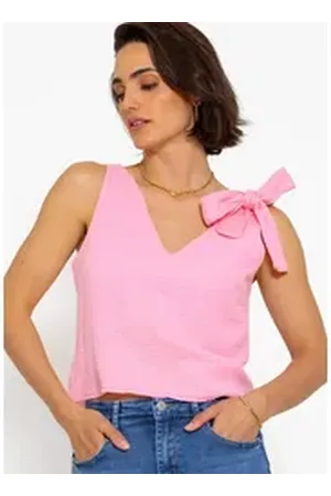 SASSYCLASSY Tanktop Fließendes Musselin Top 100 % ärmelloses Baumwoll Top mit V-Ausschnitt und Schleife rosa M