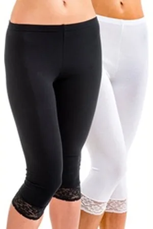 Hermko Caprileggings 5722 2er Pack Damen 3/4-Leggings mit Spitze schwarz|weiß 40/42 (M)
