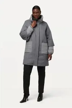 Ulla Popken Outdoorjacke Jacke Wollmix A-Linie Stehkragen 2-Wege-Zipper blau|grau 46/48