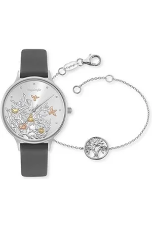 Engelsrufer Lederarmband Damen Uhr Set ERWO-TREE-03 Lebensbaum Leder mit Armband (kein Set, 1-tlg., kein Set) grau|silberfarben