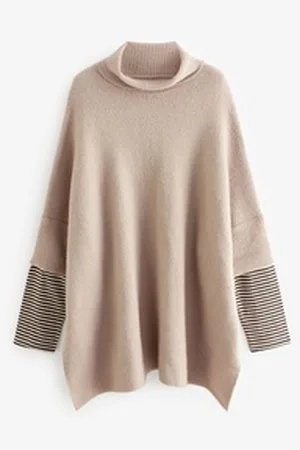 Next Strickponcho Gestrickter Poncho mit gestreiften Ärmeln (1-tlg) beige M/L