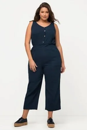Ulla Popken Funktionshose Jumpsuit 7/8-Länge Musselin V-Ausschnitt ärmellos schwarz 54/56