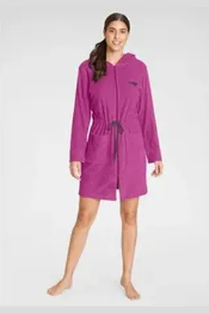 KangaROOS Damenbademantel Kira, ideal für Sauna & Spa, Hotelbademantel, Morgenmantel, Kurzform, Leichtfrottier, Kapuze, Reißverschluss, mit Bindekordel, kurz, Bademäntel für Damen, XS-3XL grau|rosa M | 90 cm