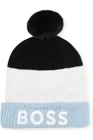 HUGO BOSS Bommelmütze BOSS Baby warme Mütze hellblau weiß schwarz mit Logo und Bommel Logo weiß t0/ 0-1 Monate