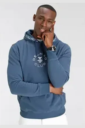 DELMAO Kapuzensweatshirt Langarm, lockere Passform, mit Print und Stickerei, mit Kapuze blau S (44/46)
